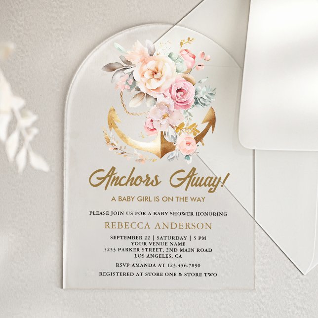 Invitations En Acrylique Boho Floral Anchor Nautical Girl Arch Baby Shower (Créateur téléchargé)