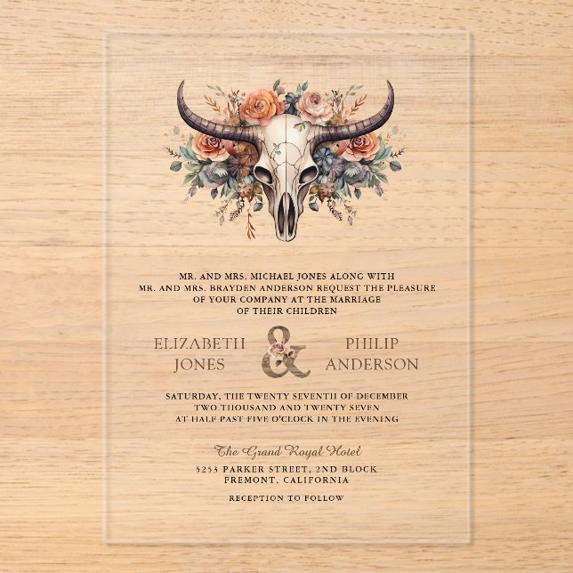 Invitations En Acrylique Boho Floral Cow Skull Western Wedding (Recto)