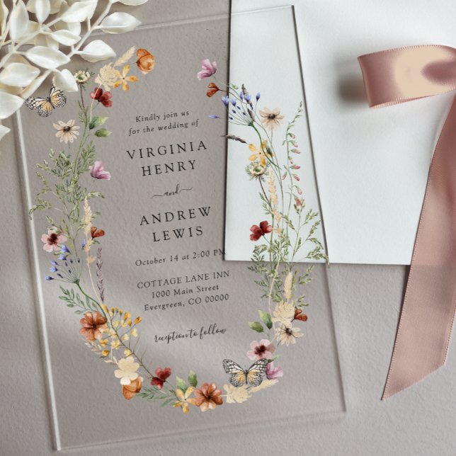 Invitations En Acrylique Boho Floral Mariage (Boho Floral Wedding Acrylic Invitations with Butterflies by Painted Paperie
)