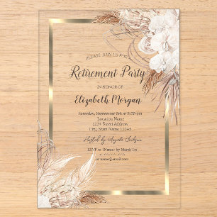 Invitations En Acrylique Boho Flowers Pampas Grass Gold Frame Retirement