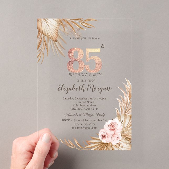 Invitations En Acrylique Boho Flowers Pampas Rose Gold 85e anniversaire (In situ (ordinateur de poche))