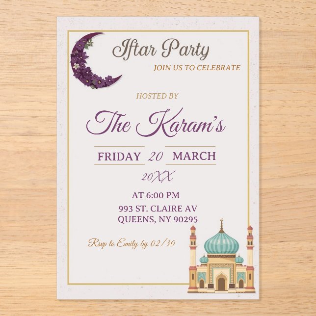 Invitations En Acrylique Boho  Minimalist Mosque Ramadan Iftar Party  (Recto)