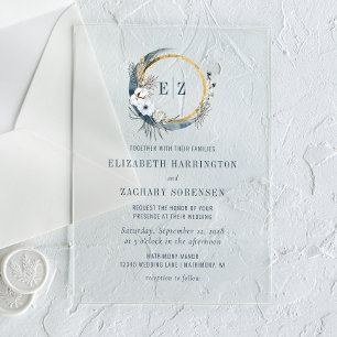 Invitations En Acrylique Boho Moon Monogram Wreath Indigo Mariage