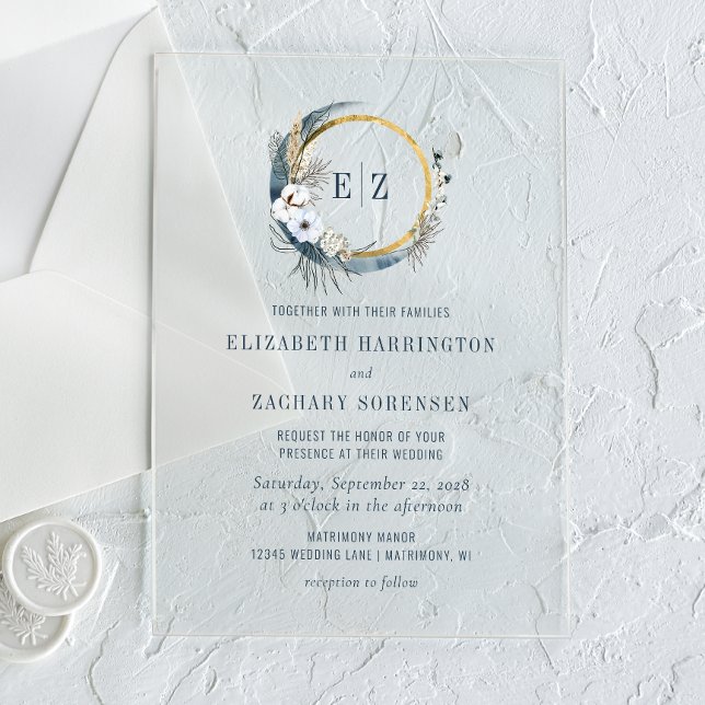 Invitations En Acrylique Boho Moon Monogram Wreath Indigo Mariage (Créateur téléchargé)