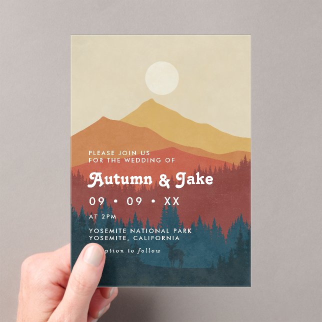 Invitations En Acrylique Boho Mountains and Forest Mariage des années 1970 (In situ (ordinateur de poche))