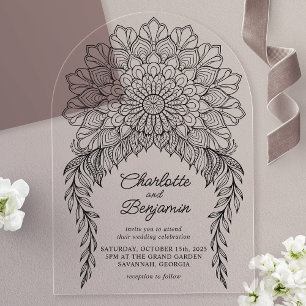Invitations En Acrylique Boho noir Mandala Mariage de vigne feuillus