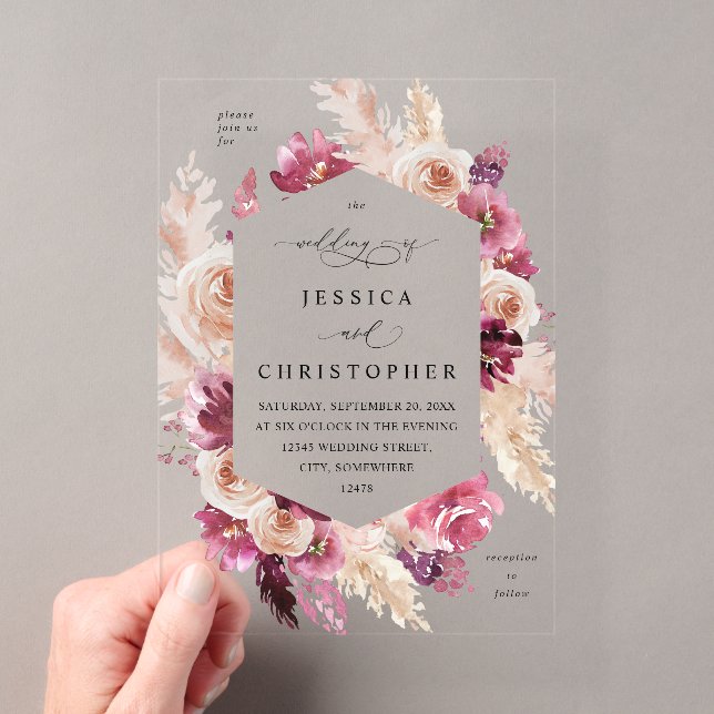 Invitations En Acrylique Boho Pampas rose Mariage de laiton (In situ (ordinateur de poche))