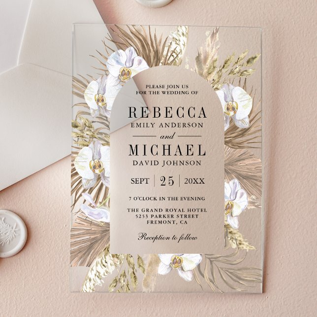 Invitations En Acrylique Boho Pampas White Orchid Dried Palm Wedding (Créateur téléchargé)