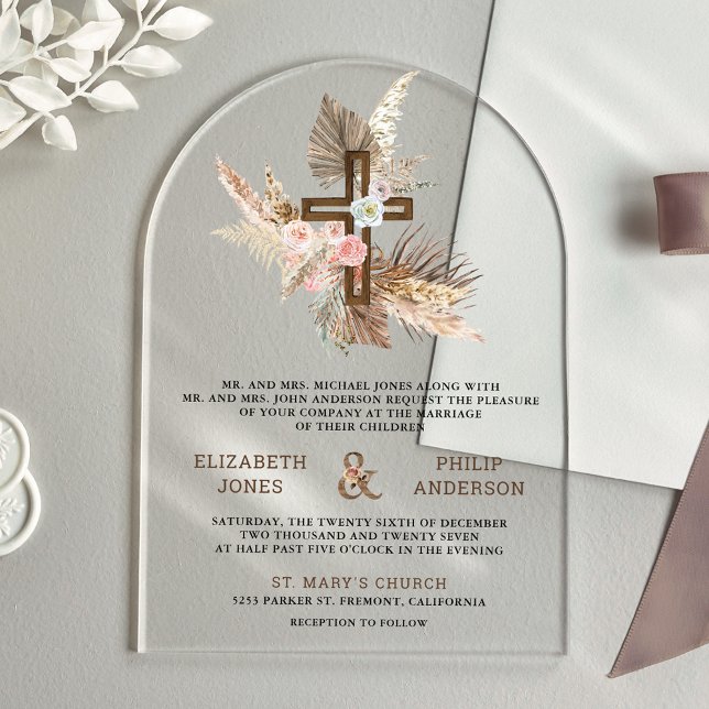 Invitations En Acrylique Boho Pampas Wood Cross Catholic Wedding (Créateur téléchargé)