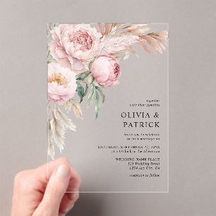 Invitations En Acrylique Boho Pink Peonies & Pampas Grass Mariage Floral