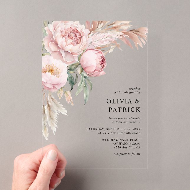 Invitations En Acrylique Boho Pink Peonies & Pampas Grass Mariage Floral (In situ (ordinateur de poche))