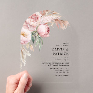 Invitations En Acrylique Boho Pink Peonies & Pampas Grass Mariage Floral