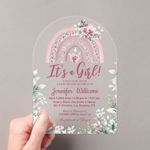 Invitations En Acrylique boho rose arc-en-ciel floral fille baby shower