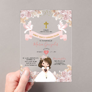 Invitations En Acrylique Boho Rose Floral Girl Première Sainte Communion