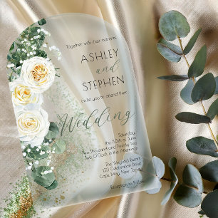 Invitations En Acrylique Boho Rose florale blanche   Eucalyptus Mariage
