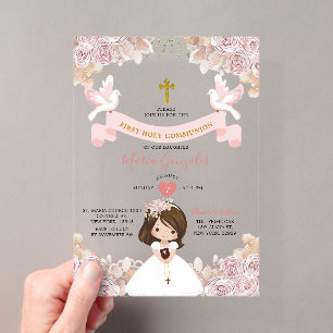 Invitations En Acrylique Boho Rose Florale Fille Première Sainte Communion