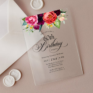 Invitations En Acrylique Boho Rustic Watercolor Floral 60e fête d'anniversa