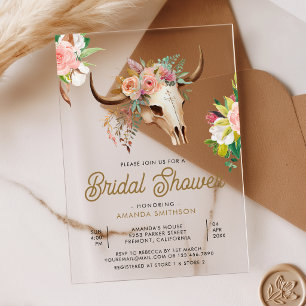 Invitations En Acrylique Boho Tribal Floral Crâne de Vache Enterrement de V