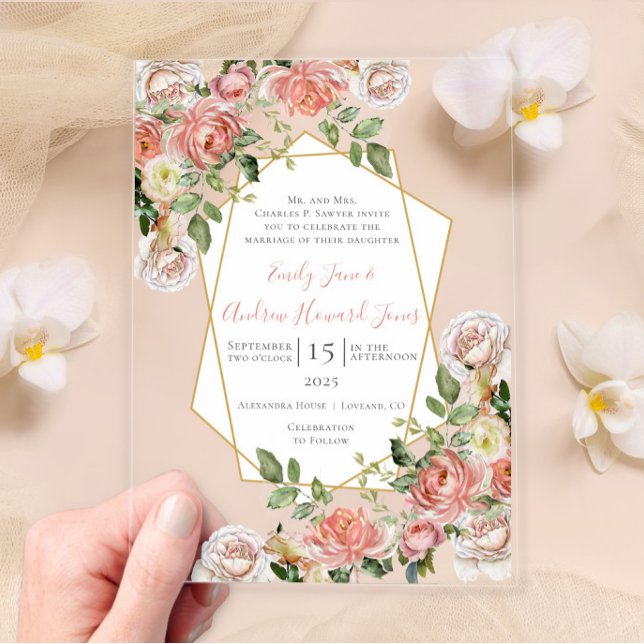 Invitations En Acrylique Boho Victorian Rose Mariage de cadre d'or géométri (Créateur téléchargé)