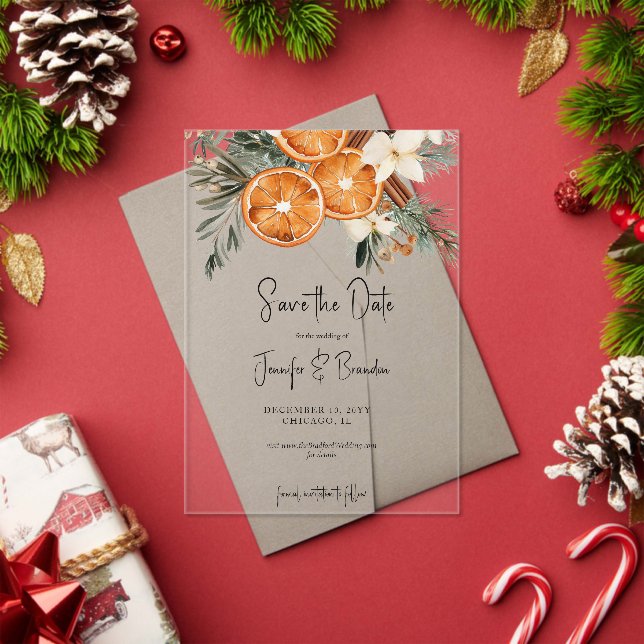 Invitations En Acrylique Boho Winter Greenery dry oranges Save the date (Insitu (vacances))