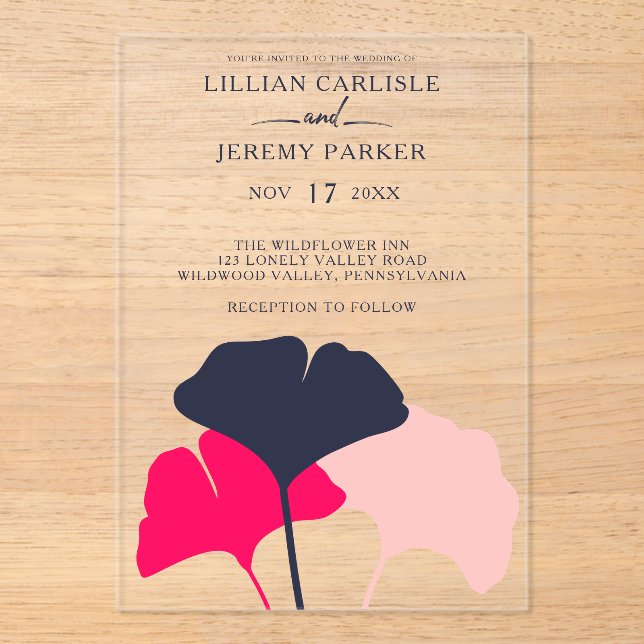 Invitations En Acrylique Bold Modern Navy and Pink Ginkgo Leaves Wedding (Recto)