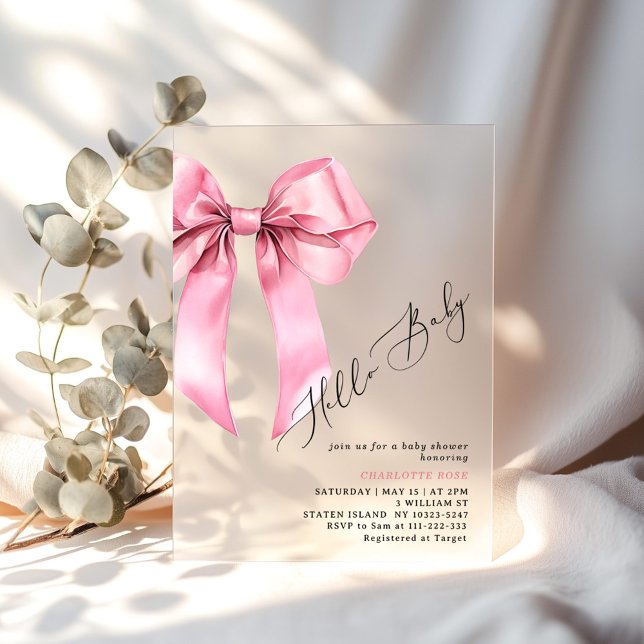 Invitations En Acrylique Bonjour bébé rose Bow fille Baby shower (Créateur téléchargé)