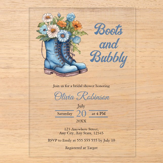 Invitations En Acrylique Boots & Bubbly Western Cowgirl Fête des mariées bl (Recto)