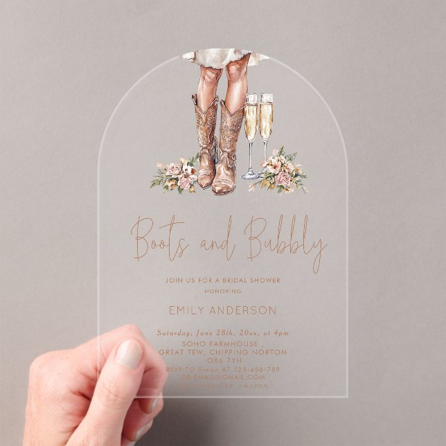 Invitations En Acrylique Boots Et Bubbly Country Fête des mariées (In situ (ordinateur de poche))