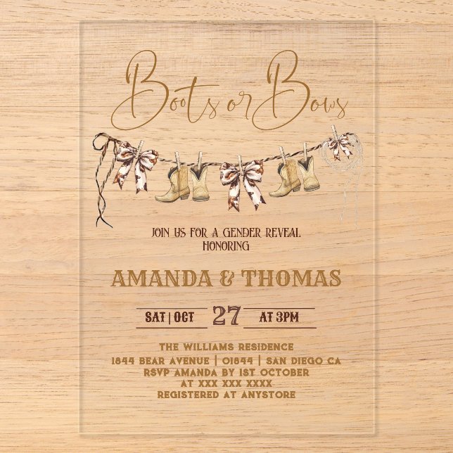 Invitations En Acrylique Boots or Bows Western Genre Reveve (Recto)