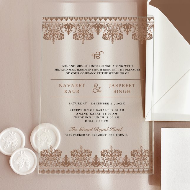 Invitations En Acrylique Bordure en Damas Brun Mariage Anand Karaj Sikh (Créateur téléchargé)