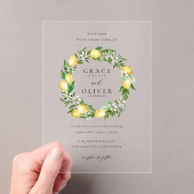 Invitations En Acrylique Botanical Lemon and Greenery Summer Wreath Wedding (In situ (ordinateur de poche))