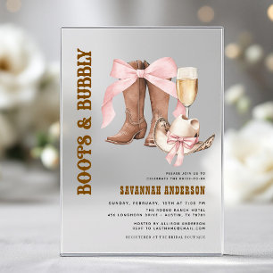 Invitations En Acrylique Bottes à ruban rose et Western Bridal Shower pétil