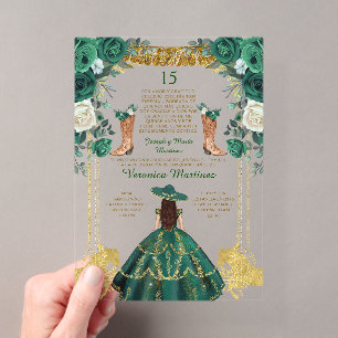 Invitations En Acrylique Bottes espagnoles vert émeraude Or 15 ans Annivers