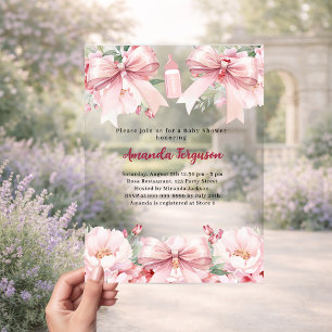Invitations En Acrylique Boucles roses flores fille bouteille Baby shower c