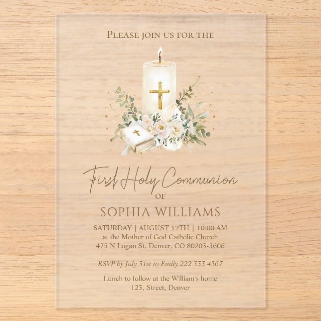 Invitations En Acrylique Bougie de première communion avec Bible et verdure (Recto)