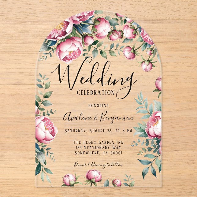 Invitations En Acrylique Bouquet Chic Peony En Mariage Aquarelle (Recto)