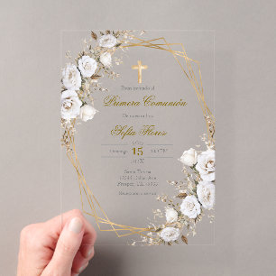 Invitations En Acrylique Bouquet de fleurs blanches première communion en e