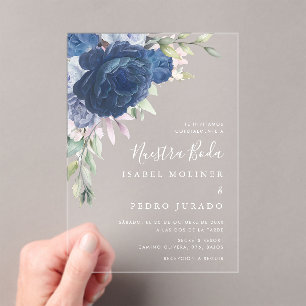 Invitations En Acrylique Bouquet de fleurs bleues Nuestra Boda Mariage espa