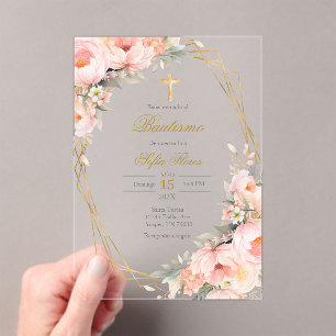 Invitations En Acrylique Bouquet de fleurs roses acryliques pour baptême en