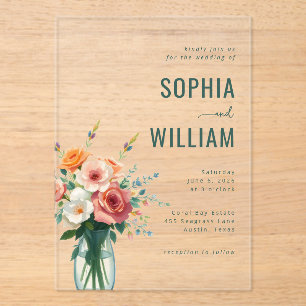 Invitations En Acrylique Bouquet floral sarcelle élégant