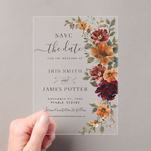 Invitations En Acrylique Bourgogne Burnt Orange Floral Wedding Enregistrer 
