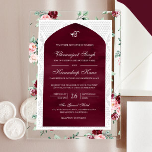 Invitations En Acrylique Bourgogne Floral Anand Karaj Punjabi Sikh Mariage