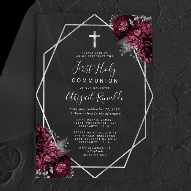 Invitations En Acrylique Bourgogne Floral Argent Texte Première Sainte Comm (Créateur téléchargé)