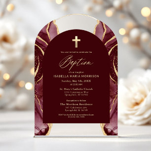 Invitations En Acrylique Bourgogne Or Agate Baptême Moderne Élégant
