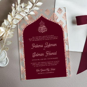 Invitations En Acrylique Bourgogne Rose Gold Damask Arch Mariage musulman