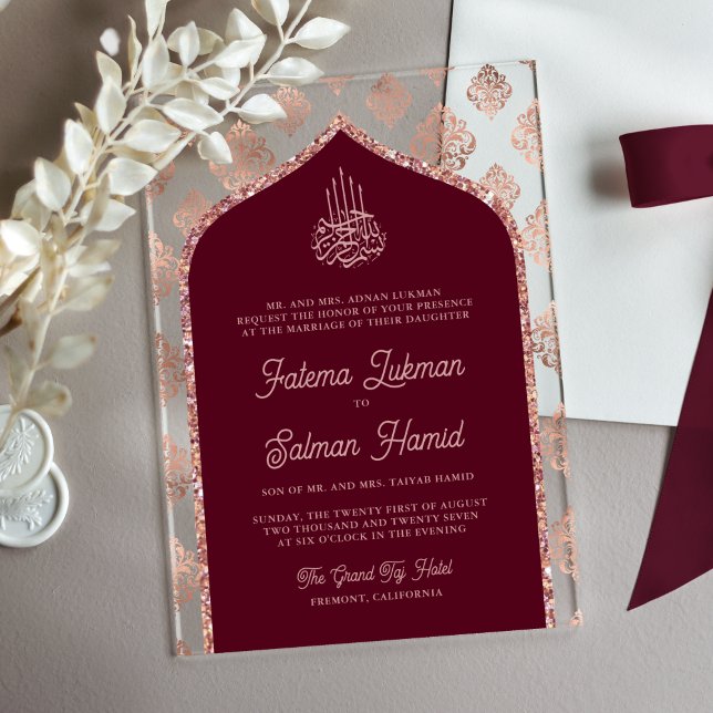Invitations En Acrylique Bourgogne Rose Gold Damask Arch Mariage musulman (Créateur téléchargé)