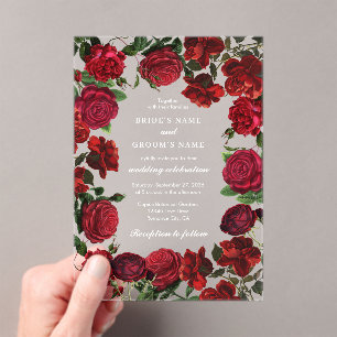 Invitations En Acrylique Bourgogne Rouge Floral Aquarelle Rose Mariage