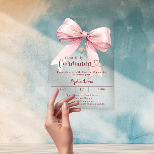 Invitations En Acrylique Bow pink girl elegant luxury clear First Communion (Créateur téléchargé)