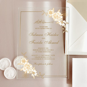Invitations En Acrylique Branche de feuilles florales dorées Mariage musulm