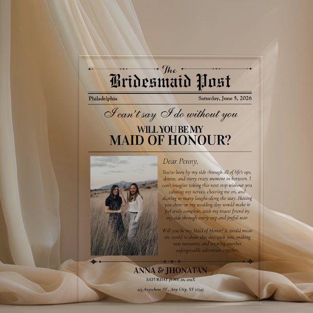 Invitations En Acrylique Bridesmaid Proposition Journal Photo Retro (Bridesmaid Proposal Newspaper Photo Retro Acrylic Invitations)
